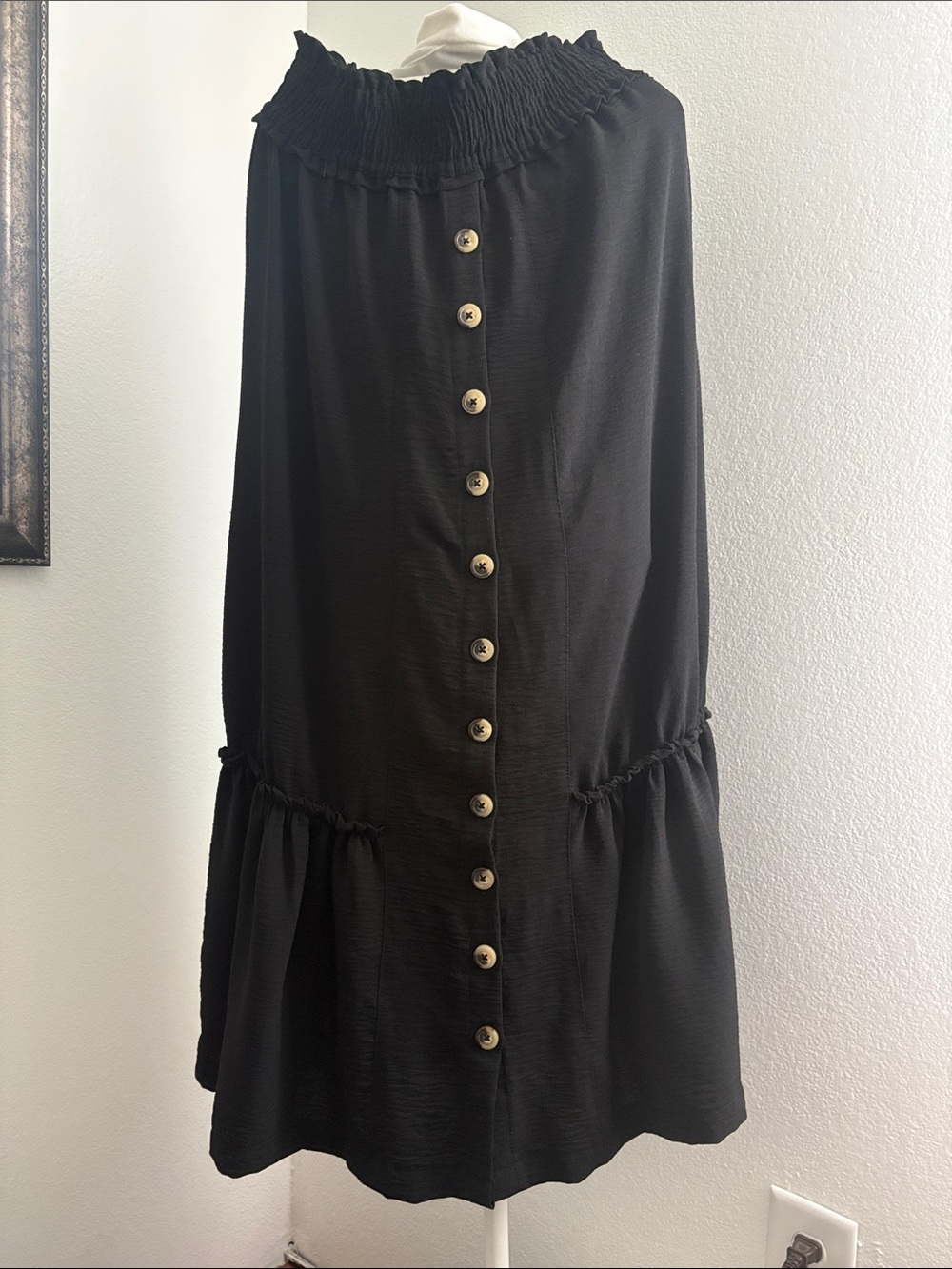 Black Button-Front Smocked Waist Midi Skirt